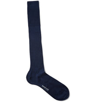 Navy Ribbed Knee-Length Cashmere/Silk Bresciani Socks