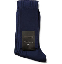 Navy Ribbed Knee-Length Cashmere/Silk Bresciani Socks
